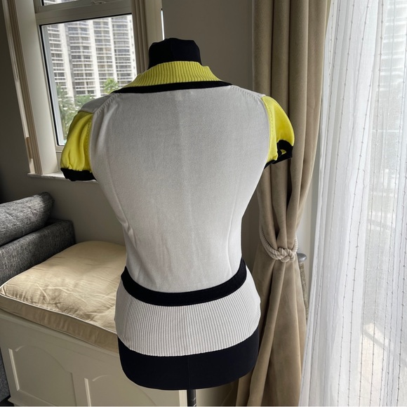 Vtg Louis Feraud White Knit Yellow Accented V Neck Cinch Waist S - Picture 2 of 6